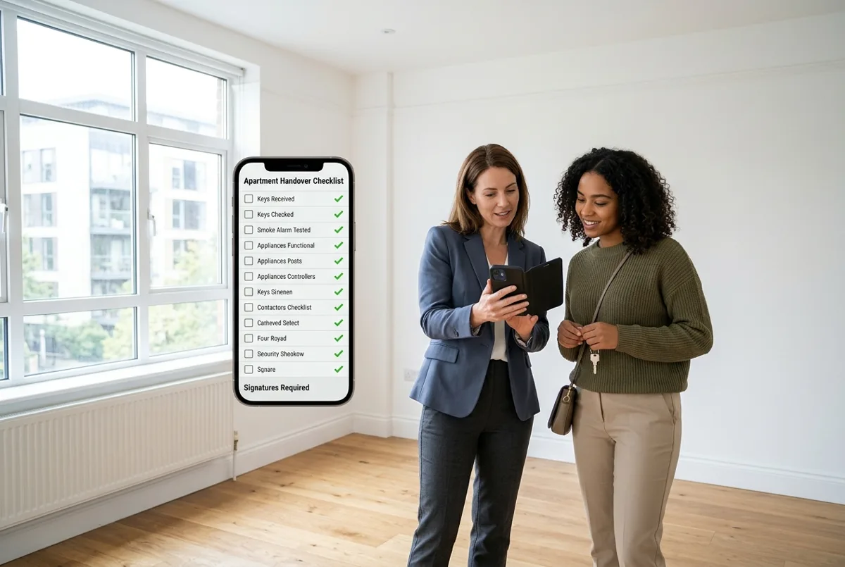 Hausverwalterin und Mieterin nutzen eine App für die digitale Wohnungsübergabe in einer leeren Wohnung