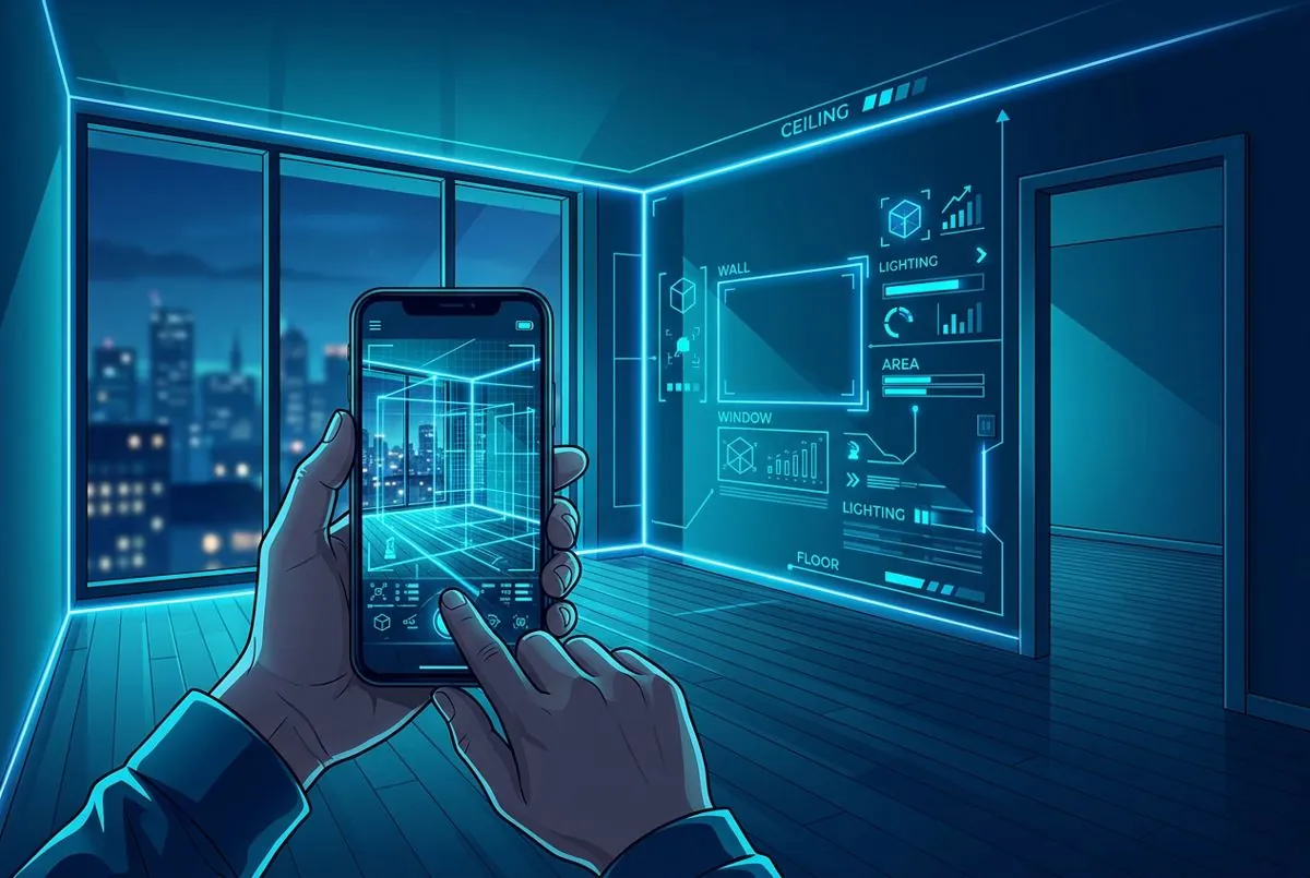 Smartphone fotografiert eine leere Wohnung mit KI-Analyse-Overlay aus leuchtenden Linien