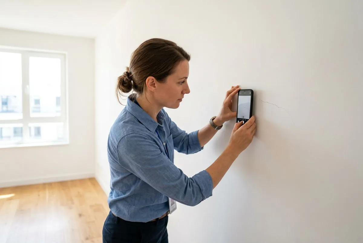 Person dokumentiert einen Riss in der Wand mit dem Smartphone bei der Wohnungsübergabe