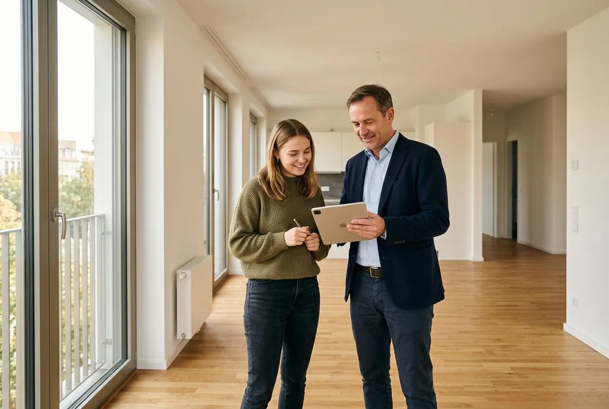 Vermieter und Mieter bei der Wohnungsübergabe mit digitaler Checkliste auf dem Tablet
