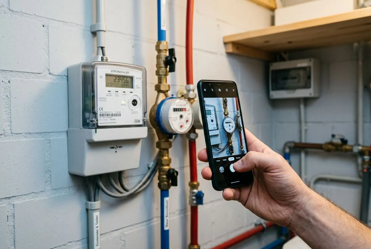 Hand fotografiert den Zählerstand eines Stromzählers mit dem Smartphone